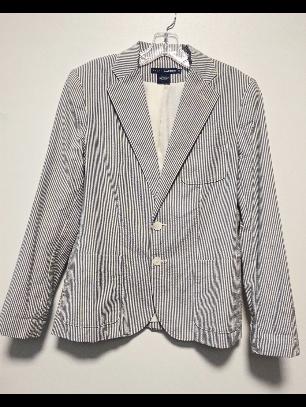 Ralph Lauren Blue and White Cotton Seersucker Two-Button Blazer.